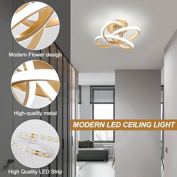 Led Ceiling Light, Gold 30cm Modern Ceiling Lights LED, Simple Curved Ceiling lamp, Ceiling Lighting Fixture for Hallway Bedroom LivingRoom Entryway Balcony Stair - 26W Cool White Light 6000K