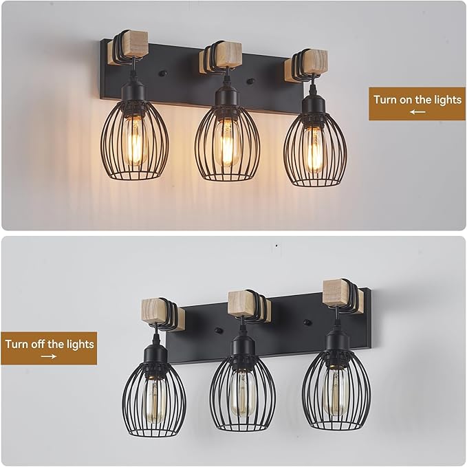 Farmhouse Bathroom Vanity Light, 3-Light Rustic Wood Bathroom Lighting Fixtures Over Mirror, Industrial Black Vanity Lights with Elegant Teardrop Lampshade for Bedroom Living Room Hallway