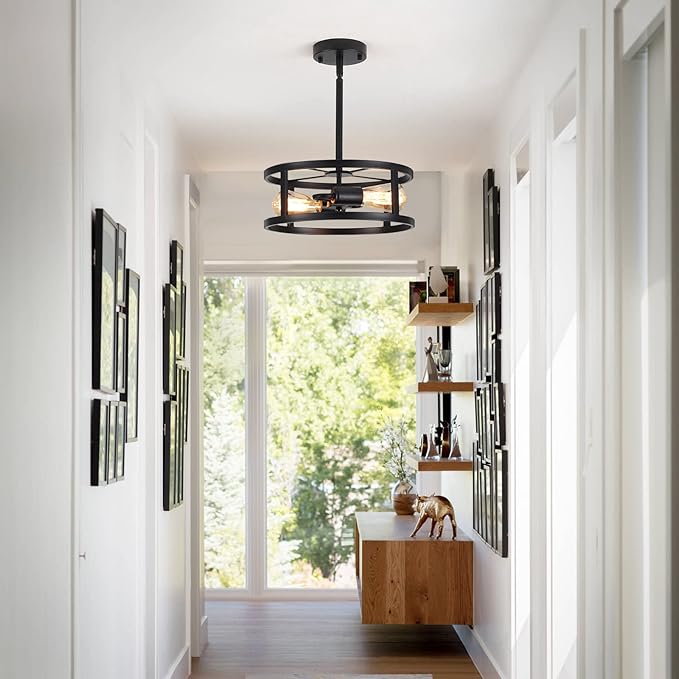 Industrial Black Semi Flush Mount Ceiling Light,Farmhouse Kitchen Lighting, Sloped Ceilings Lights Fixtures for Dining Room Hallway Entryway, 2-Light