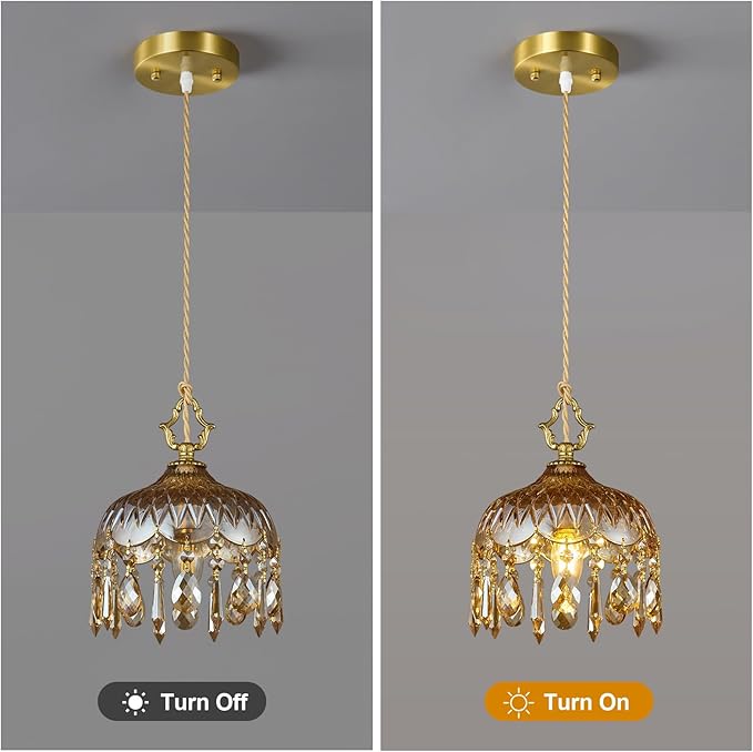 Brass Vintage Glass Pendant Light Crystal Hanging Light Fixtures,Adjustable Height Amber Glass Pendant Lights for Kitchen Island Dining Room Living Room Bedroom Hallway(Amber,1-Pack)