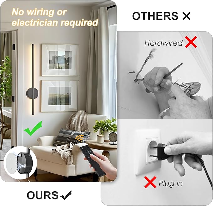 Battery Operated Modern Wall Sconces Set of Two,Rechargeable Wireless Wall Lights with Remote Control,Dimmable,3CCT,Timer,360°Rotation,Cordless Lighting for Bedroom,Living Room,Hallway,Black,23.6 Inch
