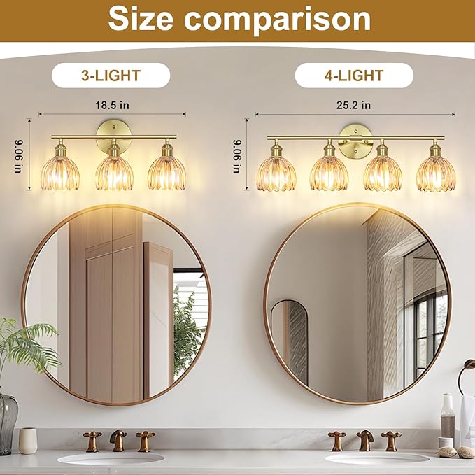 Vintage Bathroom Light Fixtures,4-Light Hardwired Vanity Lights with Amber Tulip Glass Shade,Gold Bathroom Vanity Light for Mirror Restroom,E26 Socket,25.2 in(Bulbs Not Included)