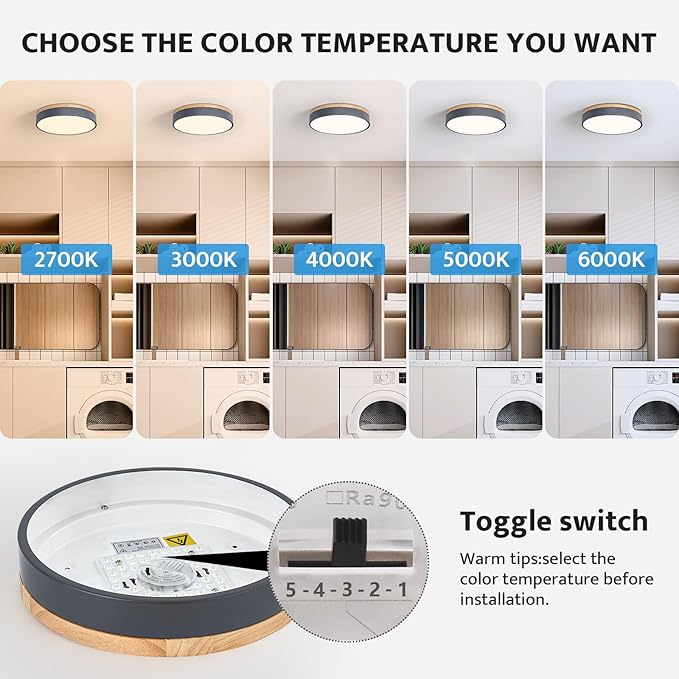 WOKNOS Dimmable Wood Oak Ceiling Light Fixture Modern Gray LED Flush Mount Ceiling Light 5CCT Minimalist Circle Close to Lighting Fixture for Bedroom Kitchen Bathroom Laundry Room 11.81 Inch