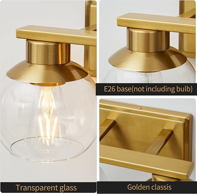 PAZALA 2 Light Vanity Lights, Brushed Brass Bathroom Wall Sconce Light with Globe Glass Shade, Bathroom Light Fixture Over Mirror for Bedroom, Living Room, Hallway (E26 Base)