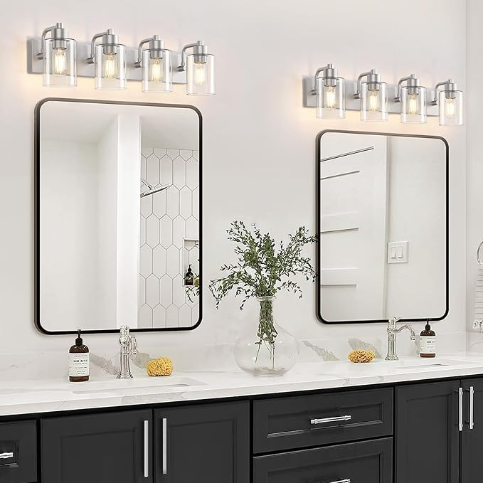 Dpyrrhic Brushed Nickel Bathroom Light Fixtures, Wall Mounted 4-Light Bathroom Lights Over Mirror with Clear Glass Shade,Wall Sconces for Kitchen Living Room Bedroom