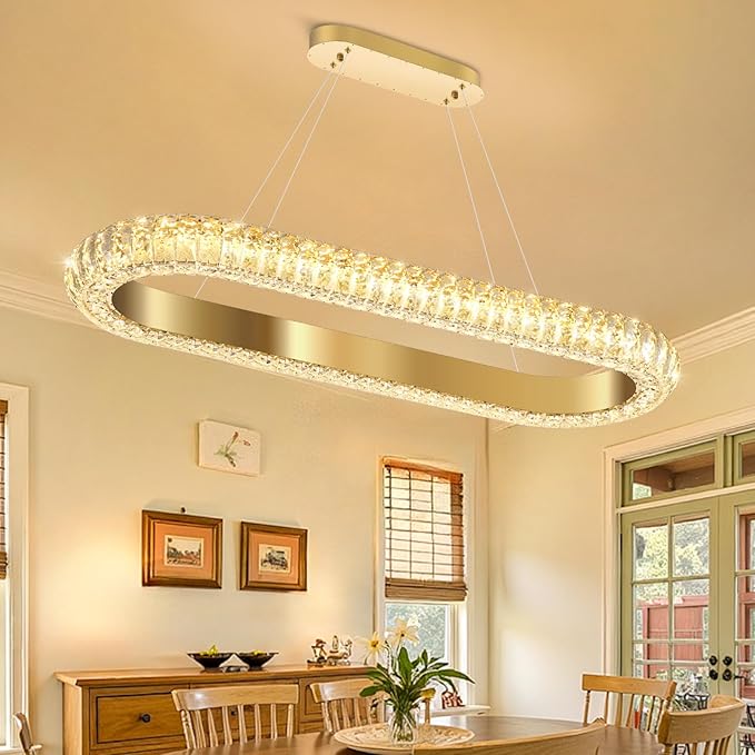 32'' Oval Ring Crystal Chandelier Modern LED Dimmable Ring Pendant Light Chandelier for Dining Room Living Room Gold