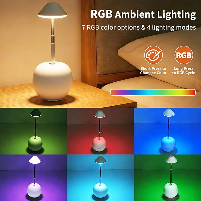 Rechargeable LED Table Light, Tumbler Cordless Table Lamp with 3 Colors & 7 RGB Stepless Dimmable Touch Control Lamps for Patio Restaurant Dining Home Bars (White)
