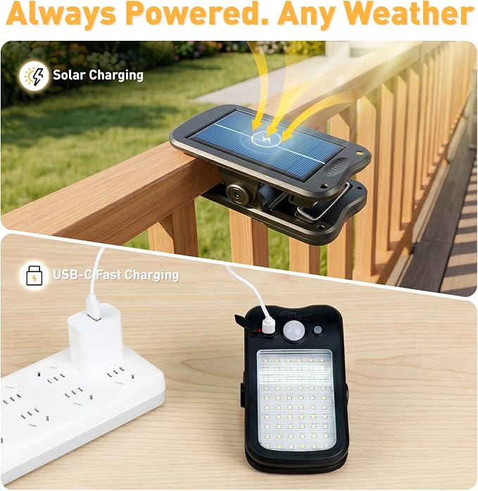 4 Pack Clip On Solar Lights Outdoor, 60 LED 500LM Motion Sensor Clamp Light, USB & Solar Powered Waterproof Security Lights for Fence Gutter Deck Camping, 1-Second Fast Install