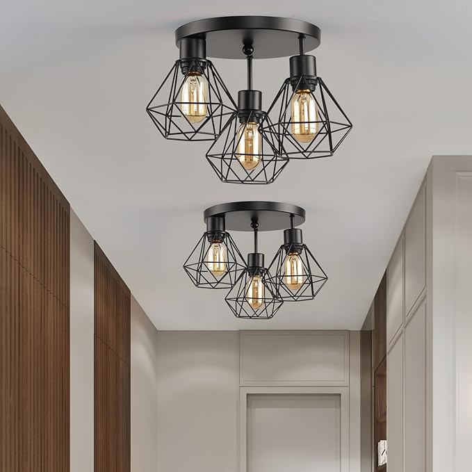 3 Lights Industrial Ceiling Light Fixtures,Iron Cage Ceiling Lamp Pendant Lighting,3-Light Close to Ceiling Light Fixtures, Modern Chandelier for Bedroom Entryway Kitchen Hallway