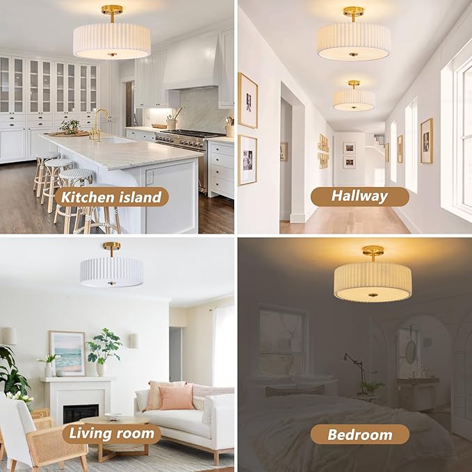 Bargeni 16.5 Inch Semi Flush Mount Ceiling Light Fixture,Gold Finish with Pleated Fabric Shade,3-Light Flush Mount Ceiling Light,Modern Light Fixtures Ceiling Mount for Bedroom,Hallway,Nursery Room