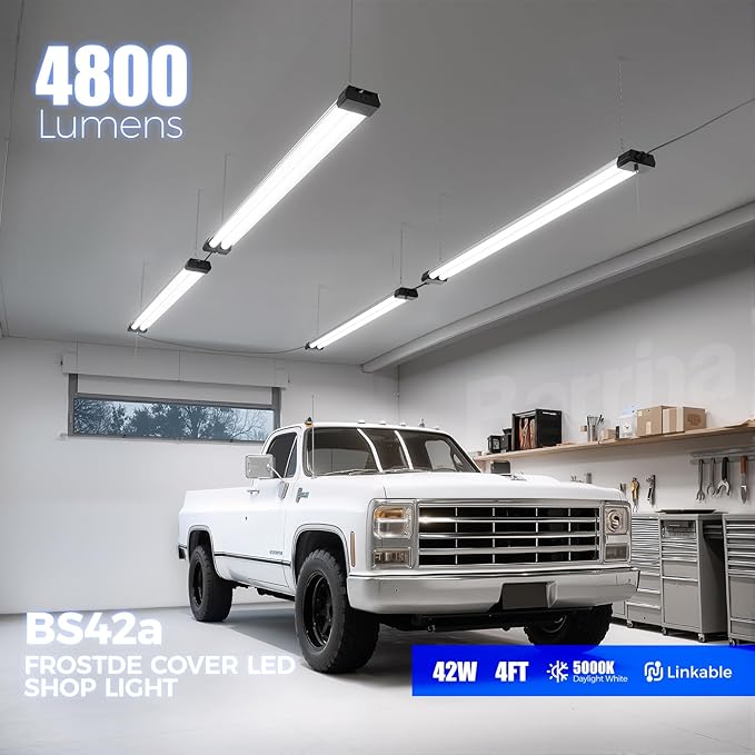 Barrina BS42a 4FT LED Shop Light, 42W, 5000K, 4800LM, Linkable Led Garage Ceiling Lights, Workshop, Hanging or Flush Mount, Concealed Wiring Design, Pull Chain Switch, Heat Dissipation, 2 Packs