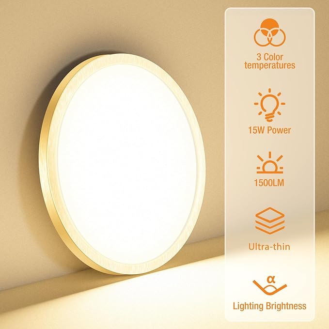 slochi 8PACK LED Flush Mount Ceiling Light Fixture, 3000K-4000K-6500K & 100W Equivalent Modern Kitchen Recessed Ceiling Lamp 15W 1500Lm 7.5 Inch Closet Round Surface for Bathroom Laundry Hallway-Gold