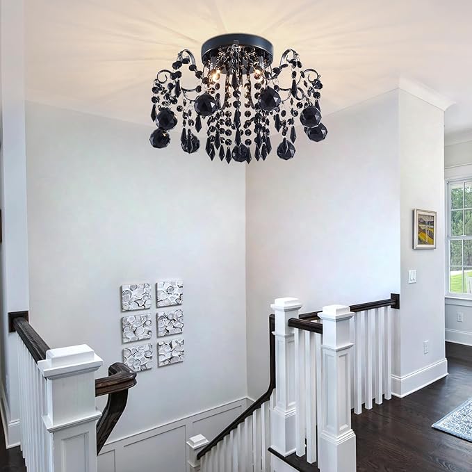 Rain Drop Crystal Small Crystal Chandelier Ceiling Light 3-Light Fixture Modern Chrome Iron Material Suitable for Bedrooms, Hallways, Walk-in Closets, Entryways, Stairwells (Black)