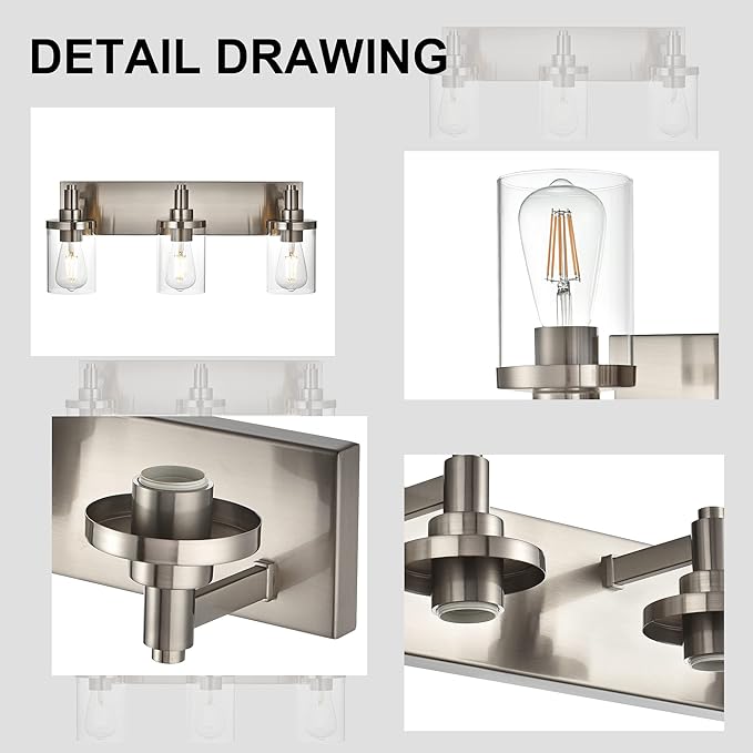 Modern Bathroom Vanity Lights,3-Lights Wall Sconce Lighting E26 Base Brushed Nickel Industrial Wall Light with Clear Glass Shade Bathroom Light Fixtures for Mirror Bedroom Kitchen Hallway