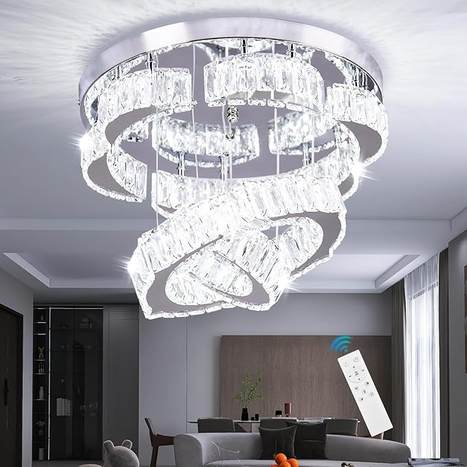 15.7" Modern Crystal Chandelier with Remote 2 Rings Round Flush Mount Ceiling Light Flower LED Dimmable Chandeliers for Bedroom Living Room Dining Room Dimmable