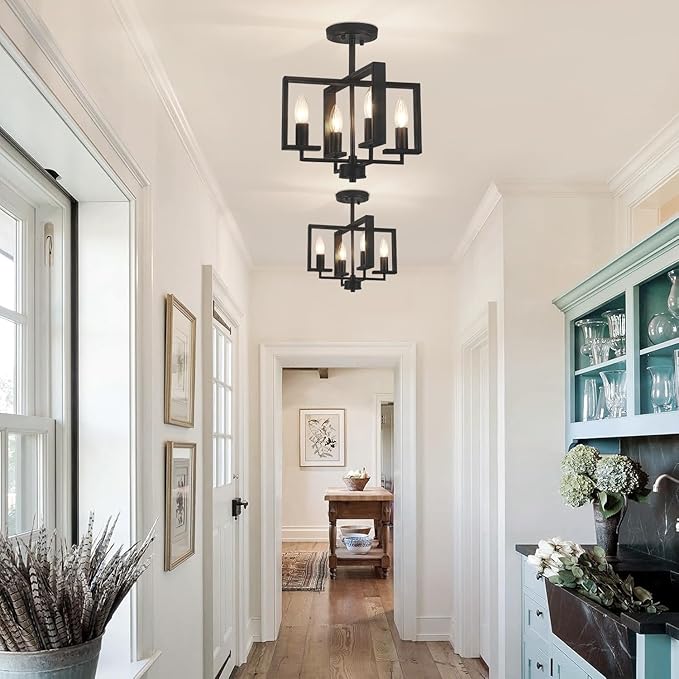 TOULMJ Black Semi Flush Mount Ceiling Light Fixture, 4-Light Farmhouse Hallway Light Fixtures Modern Light Fixture Metal Geometric for Kichen Island Entryway Dining Laundry Room, 12.6 in