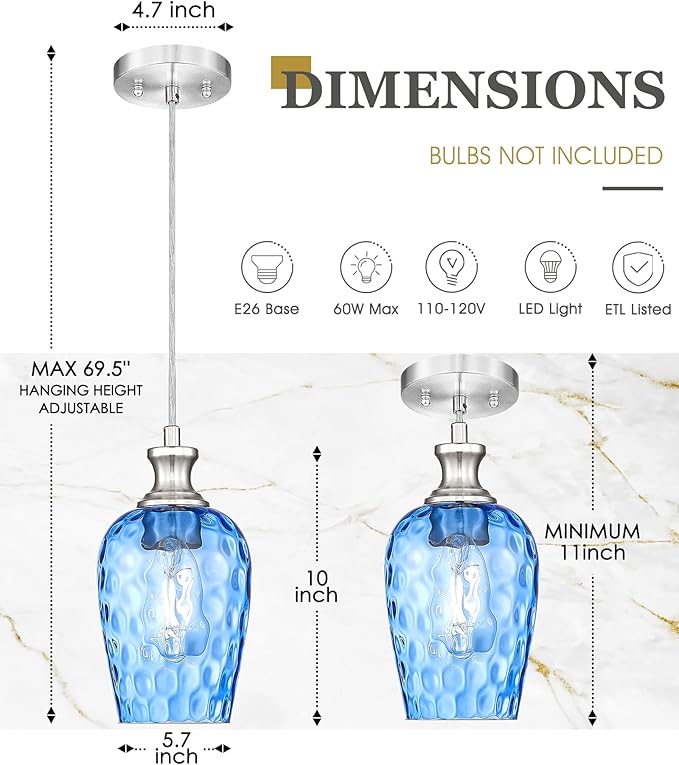 Pendant Lights Kitchen Island, Modern Brushed Nickel Hanging Lights Fixtures with Hand-Blown Hammered Blue Glass, Farmhouse Kitchen Island Lighting Over Sink, AD-24027-1P-SN-BL