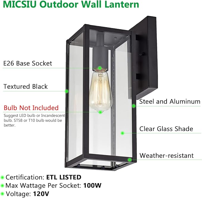 MICSIU Black Outdoor Wall Light Fixture 2 Pack, 13.75" Modern Farmhouse Exterior Wall Sconce with Clear Glass, Anti-Rust Outside Porch Lights for House Garage Patio, E26 Base 100W Max, ETL Listed