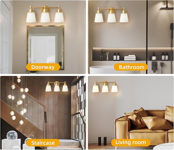 Milk Glass Bathroom Vanity Light Over Mirror, 3 Light Brushed Gold Stainless Steel Wall Mount Modern Vanity Light Fixture with Frosted Glass for Bathroom