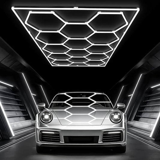 Glitgate Hexagon LED Garage Light, 579W 63690LM 14-Grid Honeycomb Hex Lighting System, 6500K Ultra Bright Ceiling Light for Garage, Car Detailing Shop, Workshop, Basement, Gym