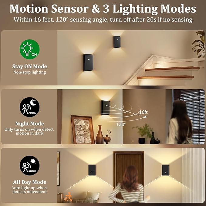 Eneru Rechargeable Motion Sensor Night Light: 5000mAh Black Battery Operated Wall Sconce with Remote Control, 3 Colors Wireless Stair Lights Indoor, Magnetic LED Night Lamp for Hallway Porch, 1 Pack