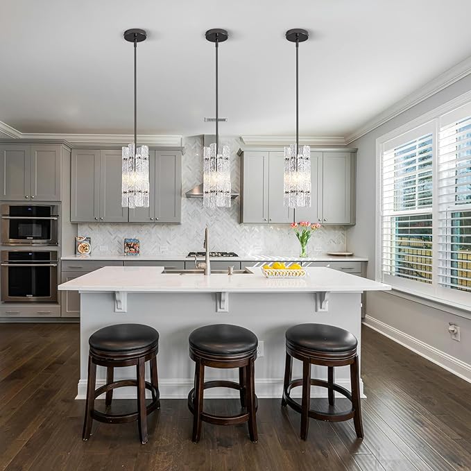 Modern Crystal Pendant Light for Kitchen Island, Pearl Black Luxury Mini Water Ripple Glass Chandelier Lights Fixture, Square Adjustable Hanging Pendant Lighting for Dining Room Bedroom (3-Pack)