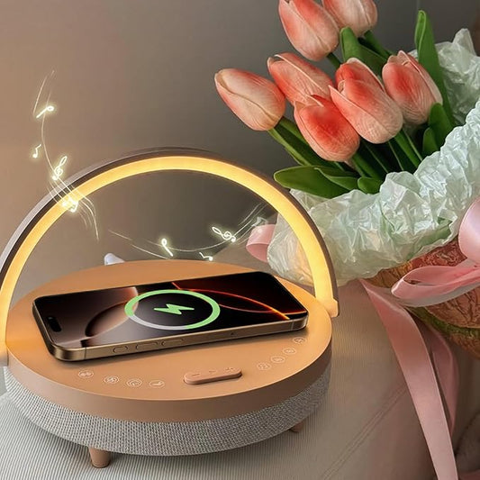 Vivilumens Gifts for Mom 6 in 1 Bedside Lamps with Wireless Charger Bluetooth Speaker White Noise Machine Music Table Lamp with Night Light Personalized Birthday Gift for Women Teens Girls(Rosy Beige