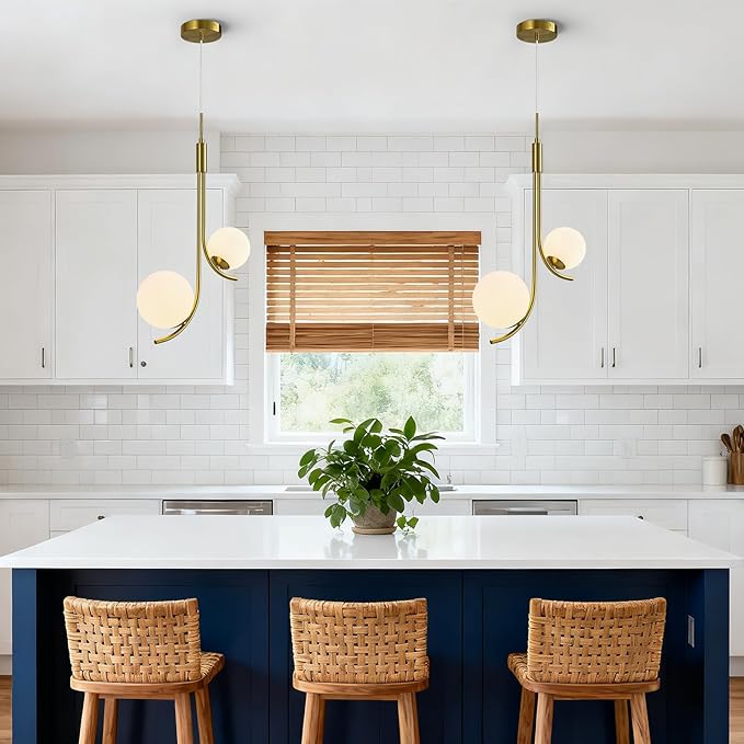 Modern Pendant Light Fixture Gold Globe Pendant Lights Kitchen Island White Frosted Milk Glass Sputnik Chandelier Vintage for Kitchen, Office, Entryway (2-Light)