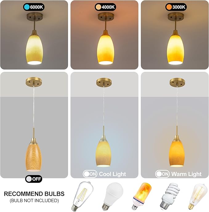 Viinew Mini Glass Pendant Light 4.72" Walnut Wood Grain Pendant Lights 1-Pack Handblown Art Oval Glass Hanging Pendant Light for Kitchen Island Dining Room Living Foyer Hallway Entry Brushed Gold