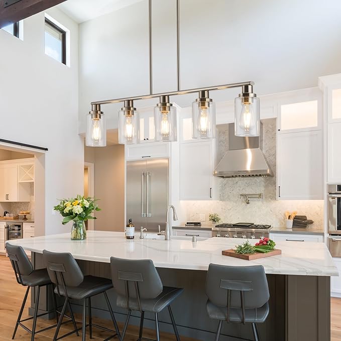 Kitchen Island Pendant Lighting, 5-Light Farmhouse Dining Room Light Fixture Over Table, Brushed Nickel Finish with Clear Glass Shade, Rustic Industrial Linear Chandelier for Kitchen Island