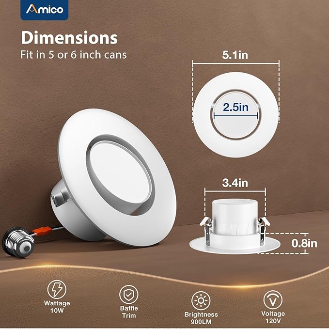 Amico 4 Inch Retrofit Eyeball Gimbal Can Lights 6 Pack, Metal Trim, 5CCT LED Recessed Lights Directional Angled Adjustable Ceiling Downlight, 10W=90W, 900 LM- ETL&FCC