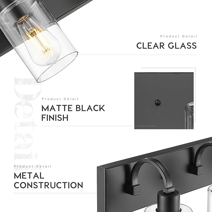 Emliviar 3-Light Bathroom Vanity Light Fixture, 21.9" Black Modern Wall Sconce with Clear Glass Shade, YCE237B-3W BK