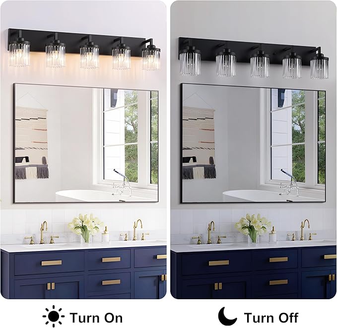 Modern Crystal Bathroom Light Fixtures, 5 Light Black Farmhouse Vanity Lights, with Crystal Glass Shade, Industrial Bathroom Lighting Fixtures Over Mirror Wall Light for Bedroom Living Room
