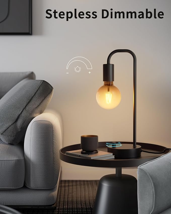 ONEWISH Industrial Table Lamp with 2 USB Port, Fully Dimmable Nightstand Bedside Lamps for Bedroom,Desk Lamps with 2700K Black Gradient Bulb for Reading Living Room,Office