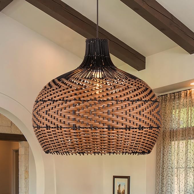 Arturesthome 1 Light Rattan Pendant Light Fixtures for Kitchen Island, 23.6" Wicker Chandelier, Handwoven Hanging Ceiling Lighting Lampshade for Dining Room Hallway Black
