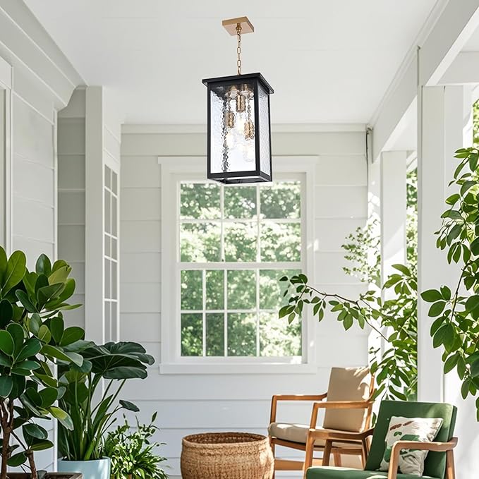 Outdoor Pendant Light Fixture, 3-Light Vintage Black & Brushed Brass Farmhouse Exterior Hanging Lights with Hammer Glass Adjustable Chain, Outdoor Hanging Lantern for Porch Entrance Foyer Front