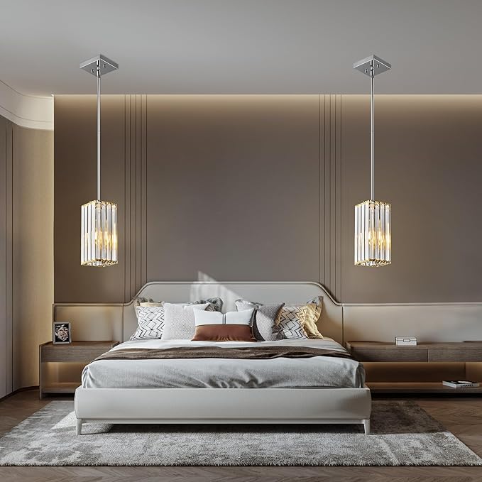 Modern Pendant Light Chrome Rectangle Pendant Lighting Mini Crystal Chandeliers Adjustable Pendant Light Fixture for Kitchen Island Dinning Room Living Room Corridor Bedroom(Chrome 1-Pack)