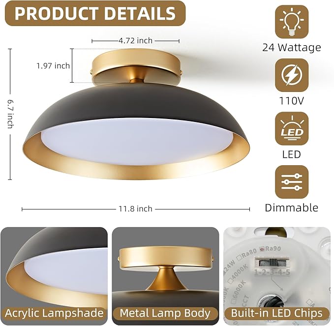 OKELI LED Flush Mount Ceiling Light Fixture, 24W Dimmable 5CCT Modern Black Gold Ceiling Light, 11.8 Inch Close to Ceiling Lighting for Bedroom Kitchen Living Room Hallway