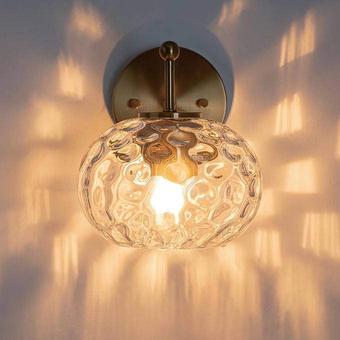 Modern Iridescent Glass Wall Sconce Gold Brass Wall Light Set of 2 Hammered Clear Glass Vanity Light for Bedroom Hallway Living Room Stairwell Bathroom Over Mirror