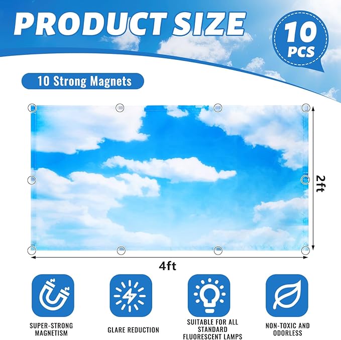 Funtery 10 Pack Fluorescent Light Covers 2 x 4 ft Magnetic Cover Ceiling Classroom Light Filters Cubicle Shield for Classroom Office Home Drop Ceiling Decorations(Blue Sky Cloud)