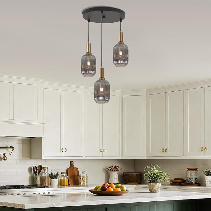 FRIXCHUR 3-Light Pendant, Mid Century Style Glass Shades with E26 Sockets, Adjustable Retro Pendant Light with Gold Accents, Ideal for Kitchen Islands and Living Rooms (Smoky Grey)