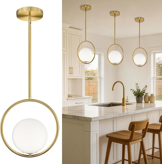 AUTELO Pendant Lights Kitchen Island, 1-Light Brushed Gold Modern Pendant Lights with Milky White Globe Hanging Lamp, Adjustable Rods for Kitchen Bar Living Room, H9380 MGBG