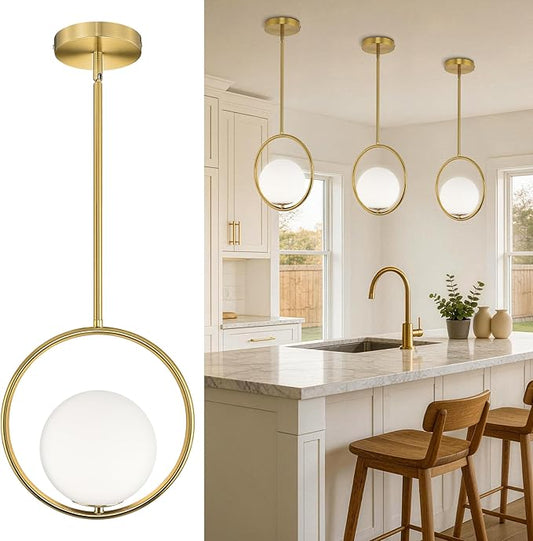 AUTELO Pendant Lights Kitchen Island, 1-Light Brushed Gold Modern Pendant Lights with Milky White Globe Hanging Lamp, Adjustable Rods for Kitchen Bar Living Room, H9380 MGBG