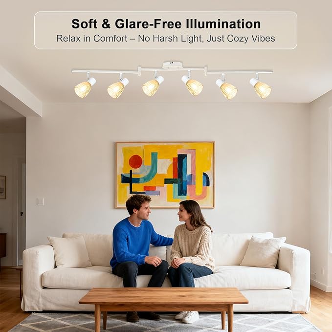 HiBay 6-Light Track Lighting, Flexible Modern Ceiling Light Fixture White w/Glass Shades, Flush Mount Ceiling Wall Track Spot Lights Indoor for Kitchen, Living Room, Bedroom, E12 Base, No Bulbs