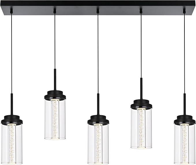 MELUCEE Modern Chandelier for Dining Room 5-Light Dimmable LED Pendant Light with Clear Glass Shade, 3000K-6000K Adjustable Color Temperature Linear Island Lights for Kitchen Dining Table, 25W, Black