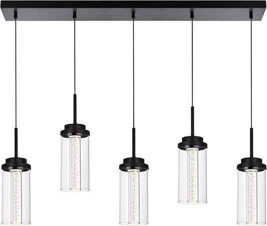 MELUCEE Modern Chandelier for Dining Room 5-Light Dimmable LED Pendant Light with Clear Glass Shade, 3000K-6000K Adjustable Color Temperature Linear Island Lights for Kitchen Dining Table, 25W, Black