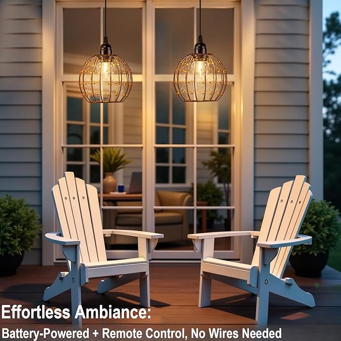 TWINKVILLA Hanging Pendant Lights, Battery Operated Outdoor Chandelier with Warm White LED Bulb for Patio Tree Pergola Gazebo Porch (Beaded Ball-G50-2PK)