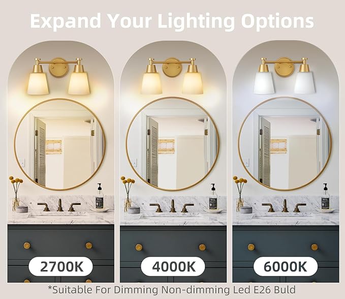 2 Light BathroomVanity Lights, Brushed Gold Wall Sconce Light with Frosted Glass, Bathroom Over Mirror Light Fixtures for Living Room, Bedroom, Hallway