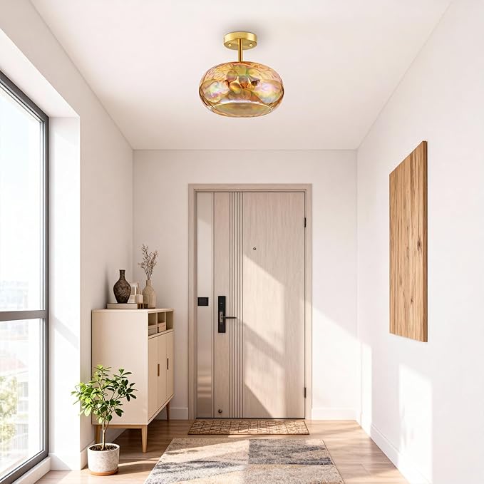 Ceiling Light Fixture, 14''& 3-Light Amber Vintage Semi Flush Mount Ceiling Light, Brass Rainbow Indoor Lampshade for Farmhouse, Bedroom, Kitchen, Living Room, Hallway Bulbs Not Included