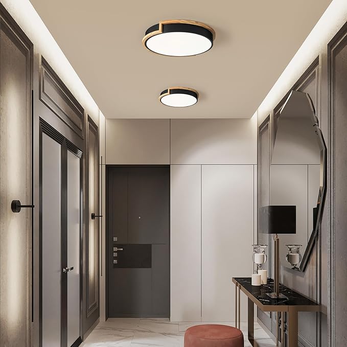Modern Dimmable LED Flush Mount Ceiling Light Fixture,Round Close to Ceiling Lighting,Matte Black with Wood Accent,Minimalist Kitchen Light Fixtures for Bedroom,Entryway,Living Room,15.75in